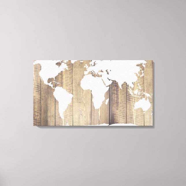 Rustikaler World Explorer White World Map Holzplan Leinwanddruck (Vorderseite)