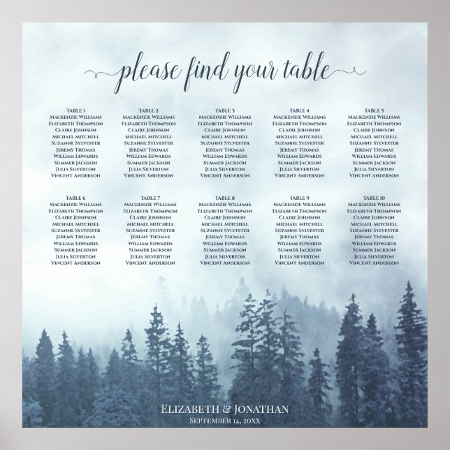Rustikales 10-Tisch-Misty Blue Pines Seating Chart Poster (Vorne)