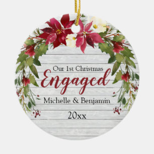 Rustikales 1. Weihnachtsfest Verlobt Poinsettia Fo Keramik Ornament