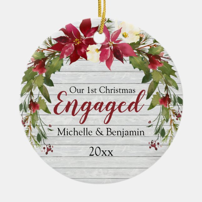 Rustikales 1. Weihnachtsfest Verlobt Poinsettia Fo Keramik Ornament (Vorne)
