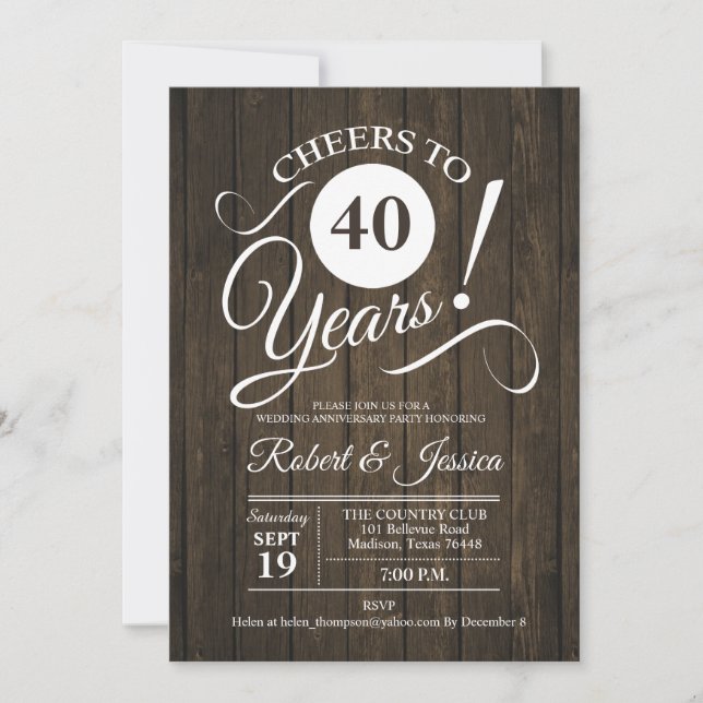 Rustikales 40. Hochzeitstag - Holz Einladung (Vorderseite)
