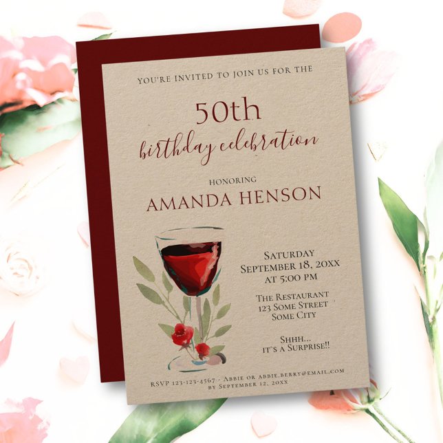 Rustikales 50. Geburtstag Roter Wein Überraschung  Einladung (Von Creator hochgeladen)