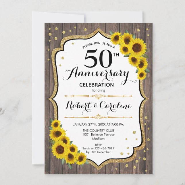 Rustikales 50-jähriges Jubiläum - Sonnenblumen Hol Einladung (Vorderseite)