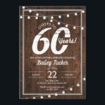 Rustikales 60. Geburtstag mit String Lights Party Einladung<br><div class="desc">Diese rustikale Einladung zum 60. Geburtstag bietet Saitenlichter auf dunklem Holzboden. Klicken Sie auf die Schaltfläche Anpassen, um mehr Flexibilität beim Ändern des Textes! Variationen dieses Designs, zusätzliche Farben sowie koordinierende Produkte sind in unserem Shop, zazzle.com/doodlelulu*, erhältlich. Kontaktieren Sie uns, wenn Sie dieses Design auf ein bestimmtes Produkt angewendet haben,...</div>