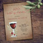 Rustikales 60. Geburtstag Roter Party Einladung<br><div class="desc">Rustikale 60. Geburtstag Roter Wein Überraschung Geburtstagsparty Einladung. Geburtstagsfeier für sie oder ihn. Einladung mit Rotwein, Rose und Zweigen auf einem rustikalen alten Papierboden. Der Text ist vollständig anpassbar - personalisieren Sie ihn mit Ihrem Namen, jedem Alter - 30. 40. 50. 70. 80. 90. 100., Datum und Uhrzeit, Ort und...</div>