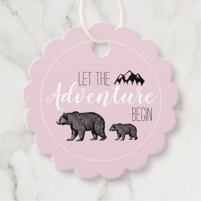 Rustikales Abenteuer Woodland Bears Pink Babydusch Geschenkanhänger (Vorderseite)