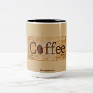 Rustikales altbraunes Kaffeebohnen-Label Zweifarbige Tasse