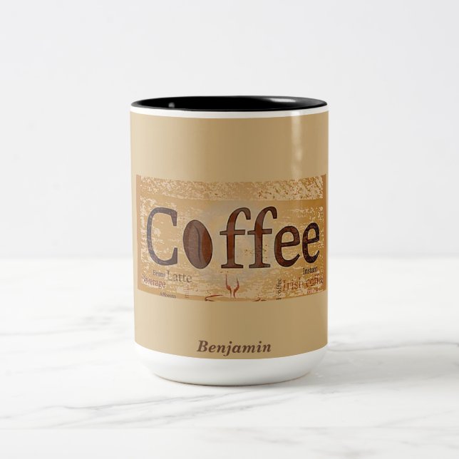 Rustikales altbraunes Kaffeebohnen-Label Zweifarbige Tasse (Mittel)