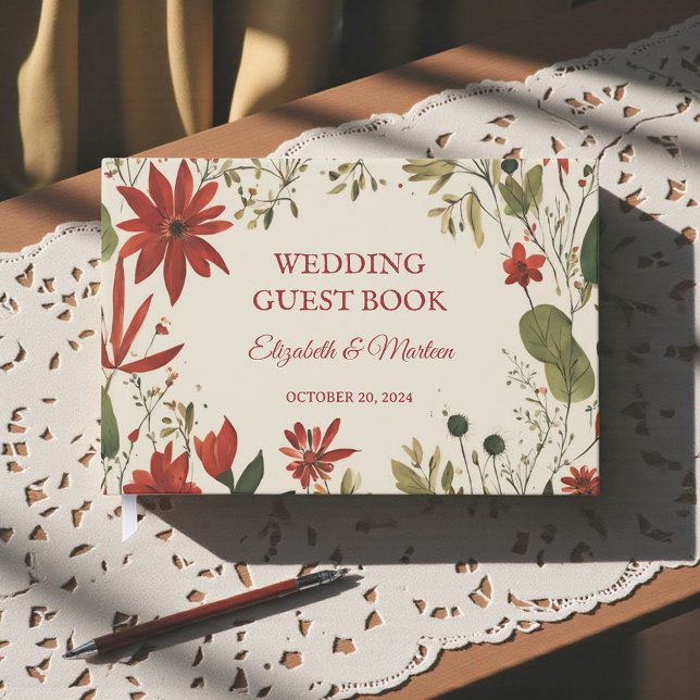 Rustikales Alter Grün & Burgund Rote Flora Herbst Gästebuch (Von Creator hochgeladen)