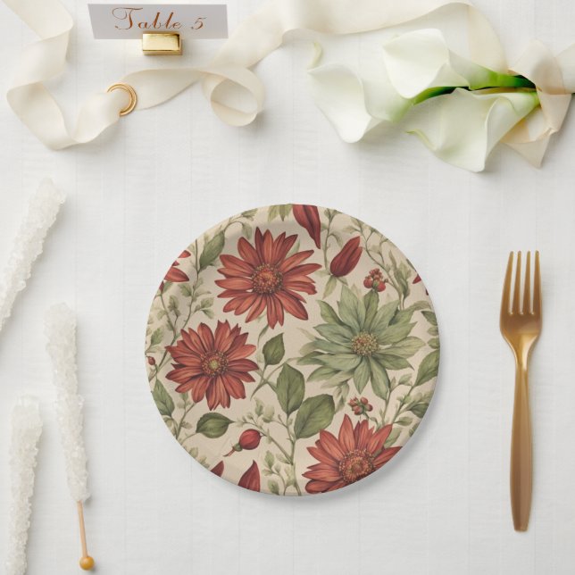 Rustikales Alter Grün & Burgund Rote Flora Herbst Pappteller (Hochzeit)