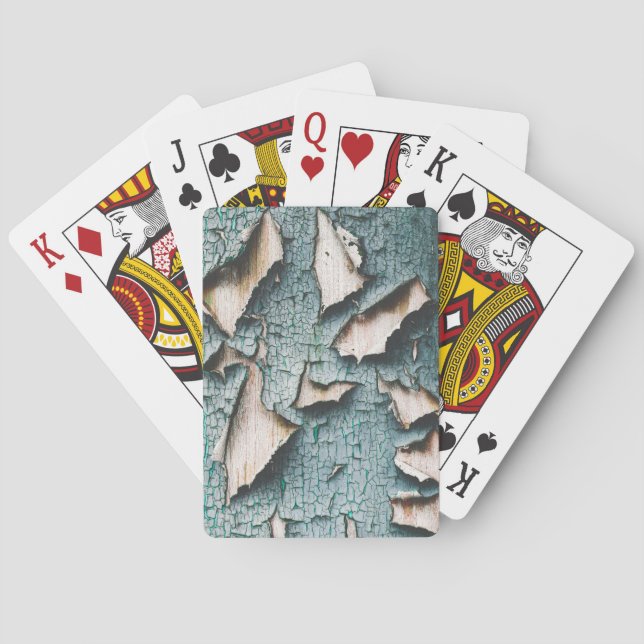 Rustikales, altes, hellblaues Peeling aus Holz Spielkarten (Rückseite)