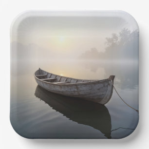 Rustikales altes Holzboot auf einem ruhigen See Pappteller