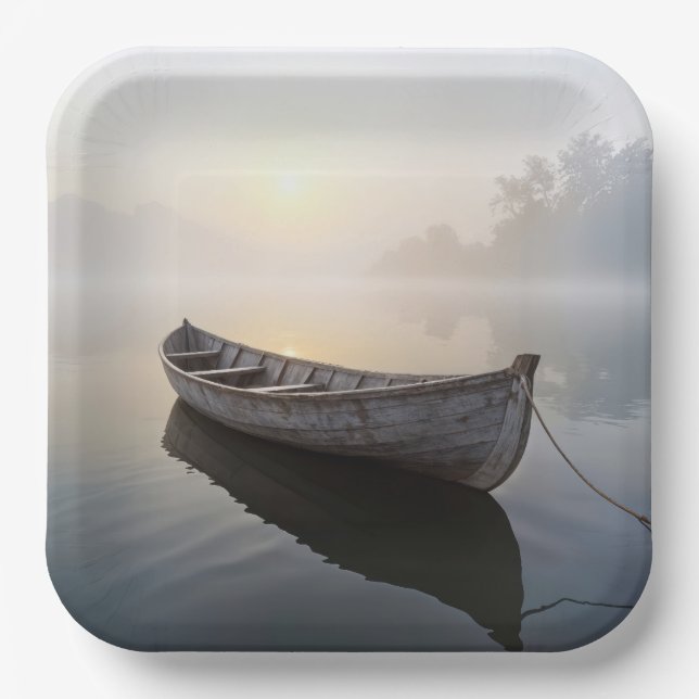 Rustikales altes Holzboot auf einem ruhigen See Pappteller (Vorderseite)