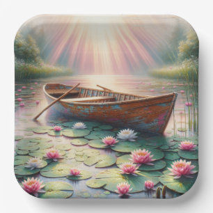 Rustikales altes Rowboat in Water Lilies Pappteller