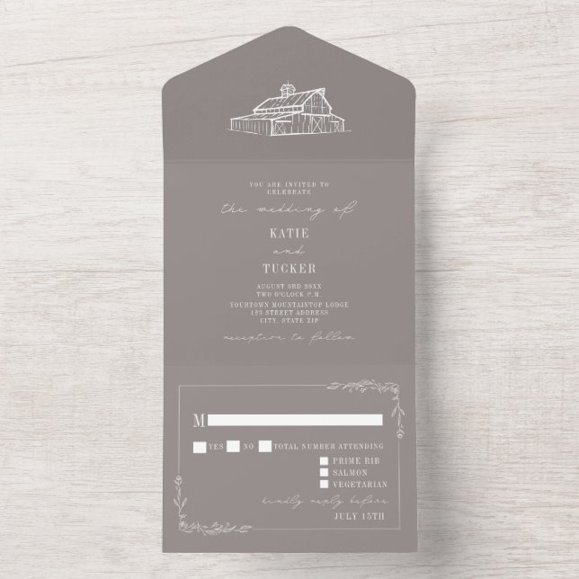 Rustikales Amethyst Graue Farm Wedding RSVP All In One Einladung (Innen Boden)