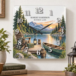 Rustikales Angel-Ruhestands-Geschenk am See Quadratische Wanduhr