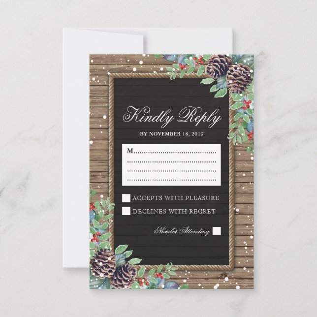 Rustikales Ansprechen | Weihnachts-Winter-Hochzeit RSVP Karte (Vorderseite)