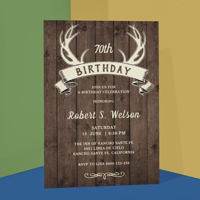 Rustikales Antlers Banner Barnwood Male's Geburtst Einladung (Von Creator hochgeladen)