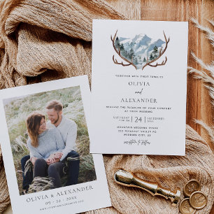 Rustikales Antlers Mountain Foto Hochzeit Einladung