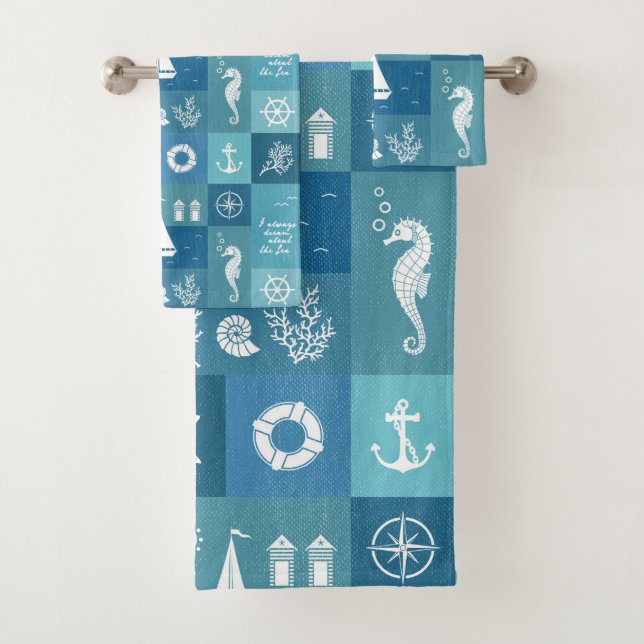 Rustikales Aqua Blue Nautic Schachbrett Muster Badhandtuch Set (Insitu)