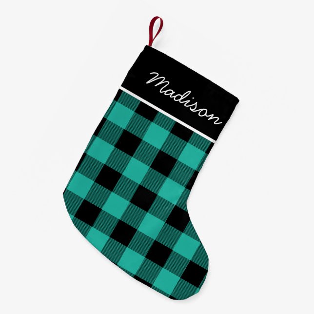 Rustikales Aqua und Black Buffalo Karo Monogram Kleiner Weihnachtsstrumpf (Vorderansicht (hängend))
