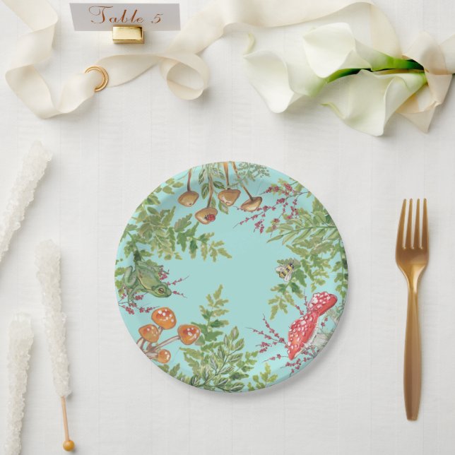 Rustikales Aqua Woodland Frosch Bee Pilz Foliage Pappteller (Hochzeit)