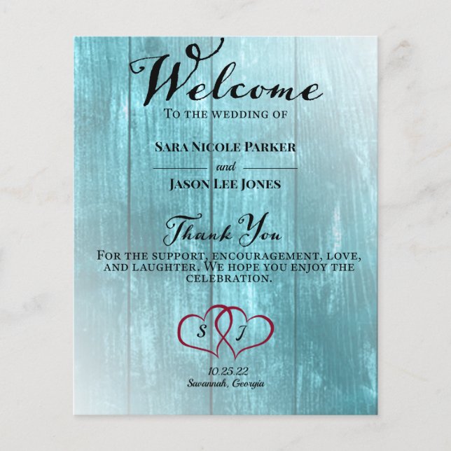 Rustikales Aquamarin-Hochzeitsprogramm (Vorderseite)