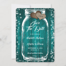 Rustikales Aquamarin Wood Burlap Hearts Mason Jar Save The Date