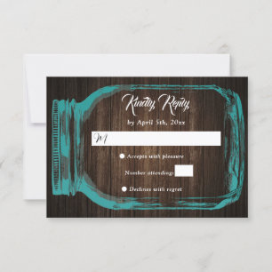 Rustikales Aquamarin Wood Hearts Mason Jar Wedding RSVP Karte