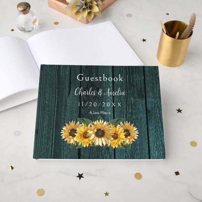 Rustikales Aquamarines Gästebuch für Sonnenblumen (Vorderseite Offen)