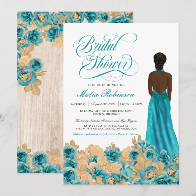 Rustikales Aquamarines Gold Rose & Elegantes Gown  Einladung (Vorne/Hinten)