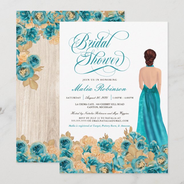 Rustikales Aquamarines Gold Rose & Elegantes Gown  Einladung (Vorne/Hinten)