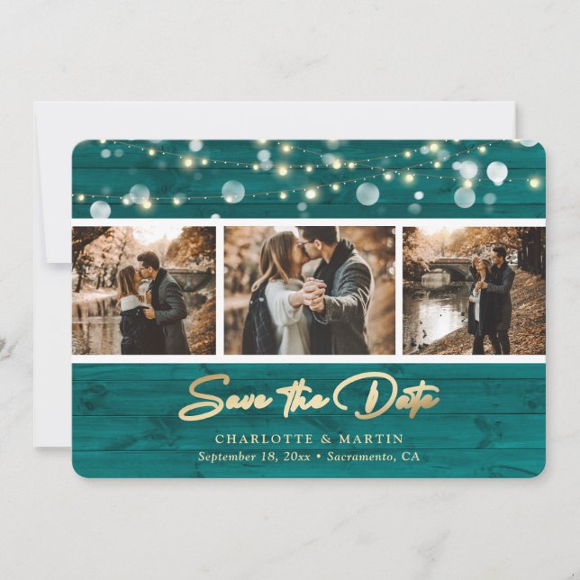Rustikales Aquamarines Holz Hochzeit 3 Foto Save t Save The Date (Vorderseite)