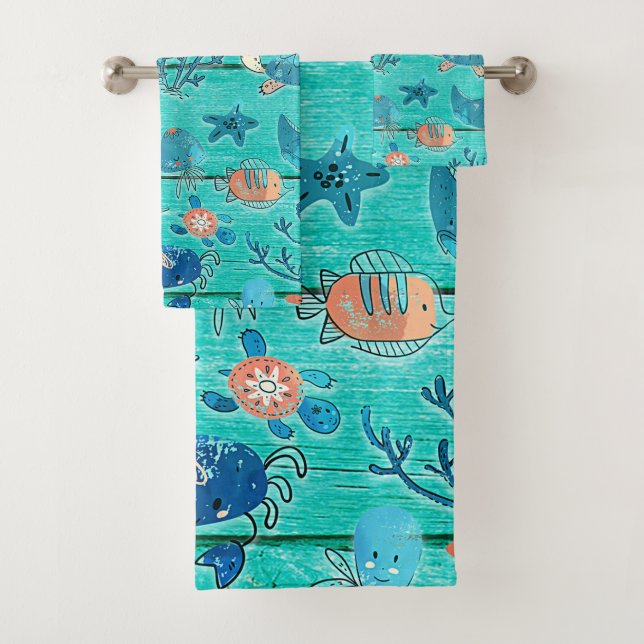 Rustikales Aquamarines Holz & unter dem Meer Freun Badhandtuch Set (Insitu)