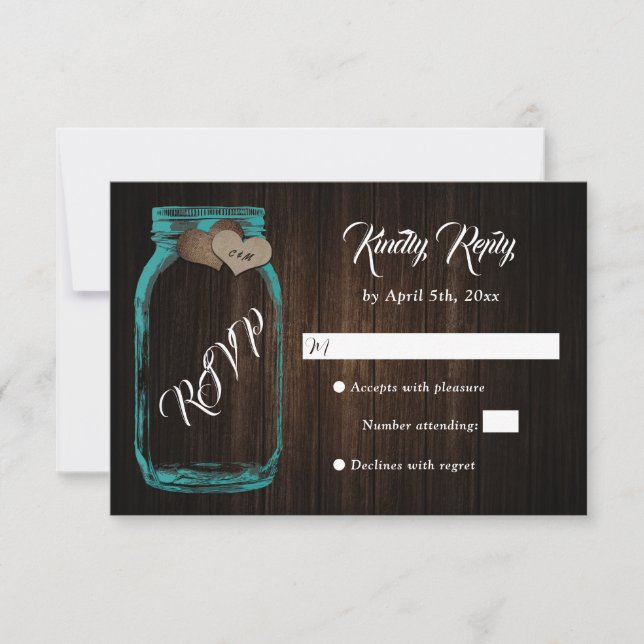 Rustikales Aquamarines Land Holz Herz Mason Jar We RSVP Karte (Vorderseite)