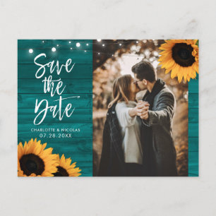 Rustikales Aquamarines Sonnenblumenhochzeitungs-Fo Postkarte