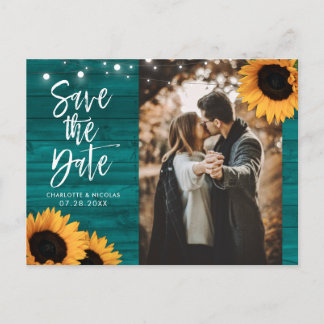 Rustikales Aquamarines Sonnenblumenhochzeitungs-Fo Postkarte
