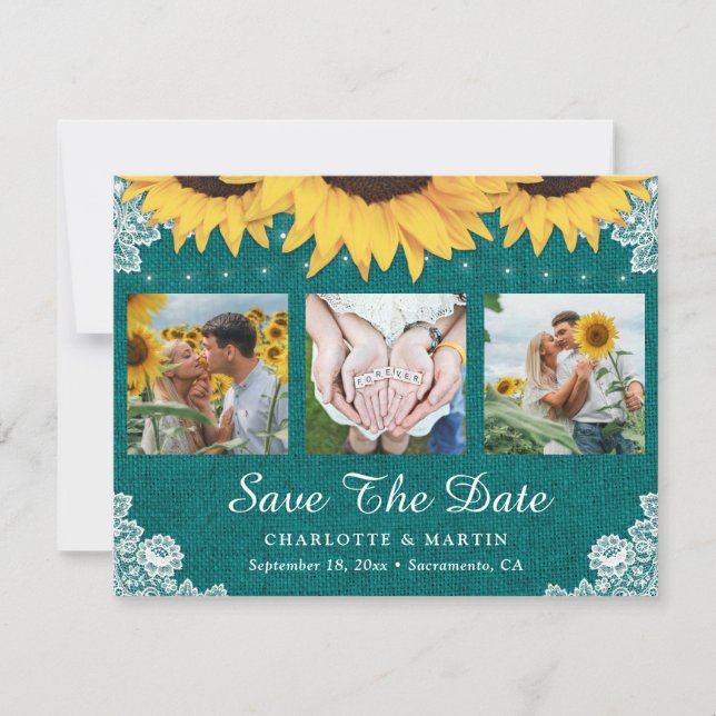Rustikales Aquamarines Sonnenblumenhochzeitungs-Fo Save The Date (Vorderseite)