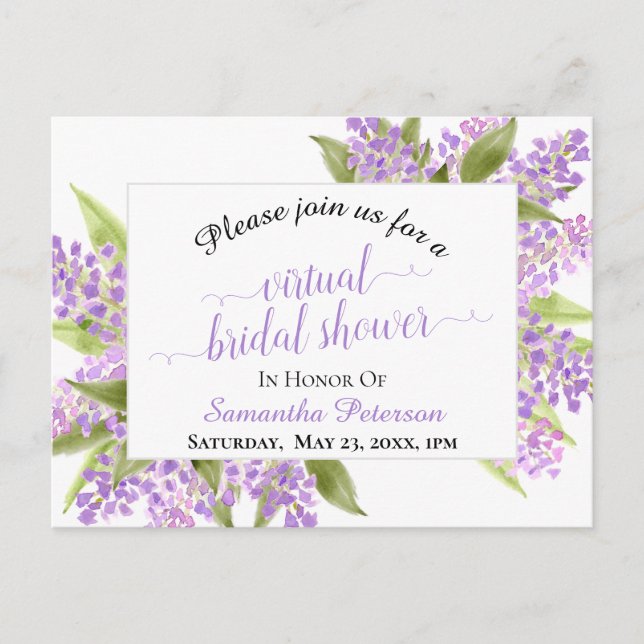 Rustikales Aquarell Lilacs virtuelles Brautparty Einladungspostkarte (Vorderseite)