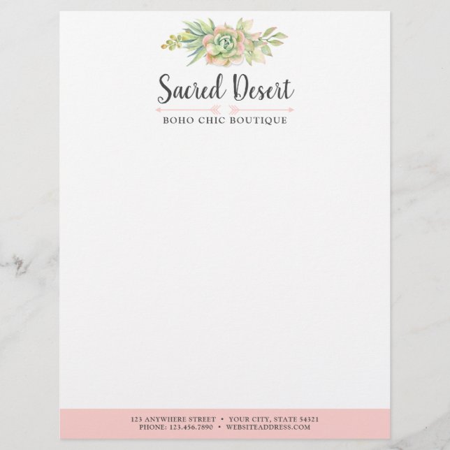 Rustikales Aquarell-saftiger Wüsten-Kaktus Boho Briefbogen (Vorderseite)