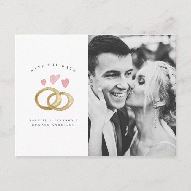 rustikales Aquarellring Foto Save the Date Postkarte (Vorderseite)