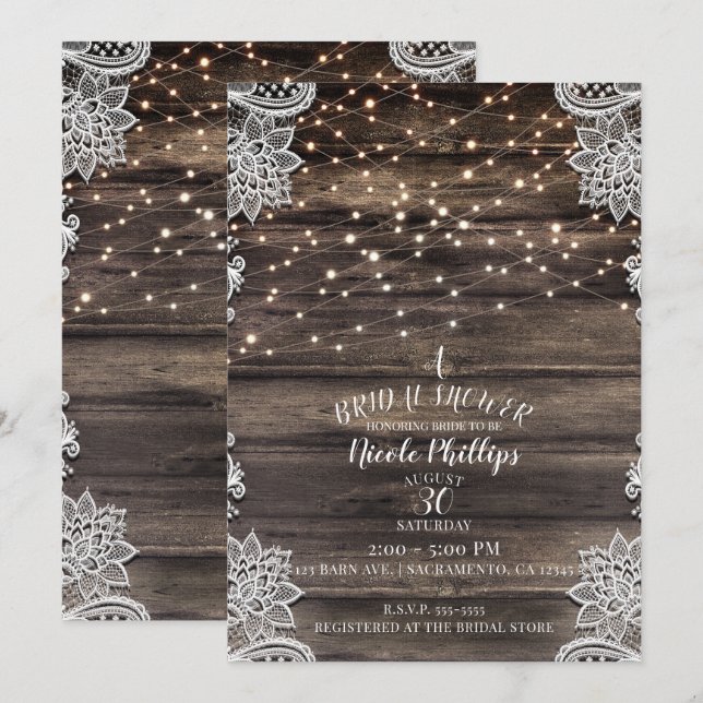 Rustikales Ash Brown Wood Lace & Lights Brautparty Einladung (Vorne/Hinten)