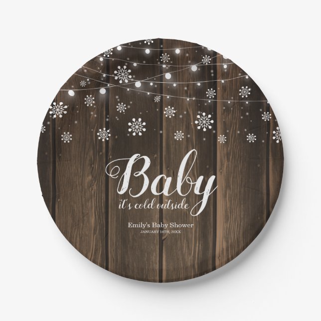 Rustikales Baby Es ist kalt draußen Winter Baby Du Pappteller (Vorderseite)