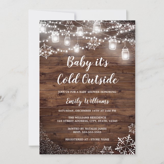 Rustikales Baby ist kalt draußen Winter Baby Dusch Einladung (Vorderseite)