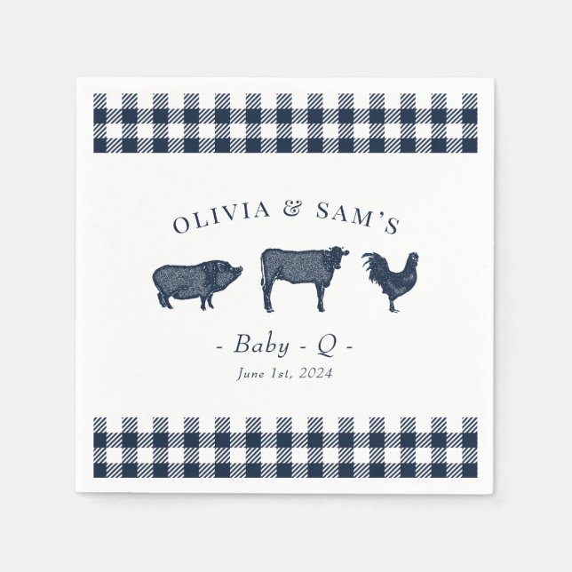 Rustikales "Baby-Q" Blaue Karierte GRILLEN Napkins Serviette (Vorderseite)