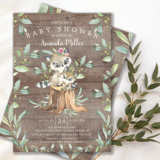 Rustikales Baby Raccoon und Mama Woodland Babydusc Einladung (Von Creator hochgeladen)