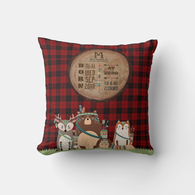 Rustikales BABY STATS Lumberjack Woodland Tiere Kissen (Vorderseite)