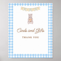 Rustikales Bär Blau Gingham Baby Shower Tischdekor