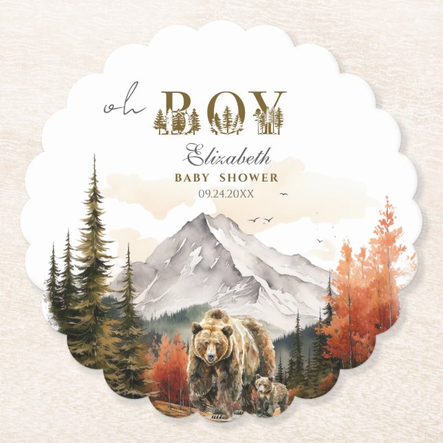 Rustikales Bärenabenteuer "Oh Boy" Babydusche Untersetzer (Vorderseite)