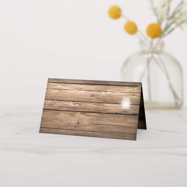 Rustikales Barholz Mason Jar Lights Platzkarten (Vorderseite)